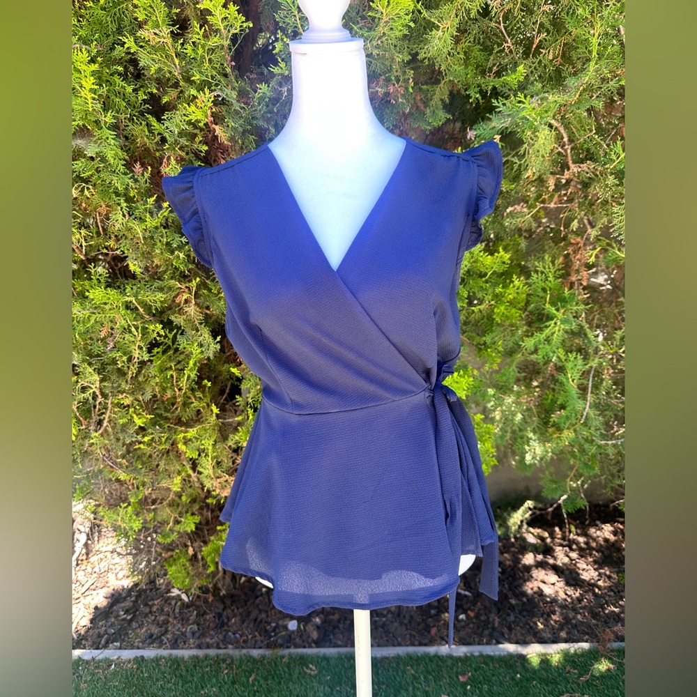 Monteau Navy Blue Wrap Tie Front Cap Sleeve Blouse